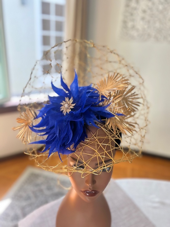 Kentucky Derby Royal Blue Feathered Flower and Gold Woven Fascinator